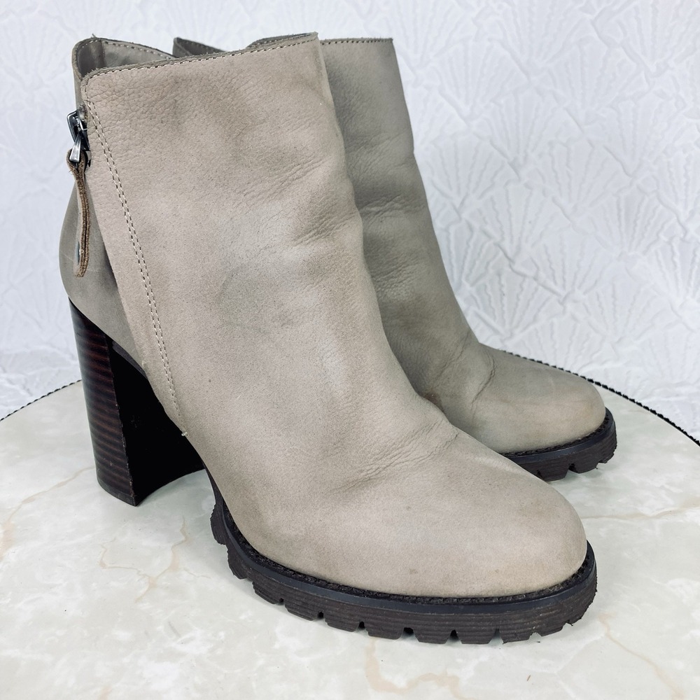 Gibson Latimer Lug Sole Leather Ankle Boots Womens 7 Grey Block Heel Zip Grungy